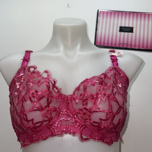 🔥Victoria's Secret Fuchsia Lace Bra and Panty Set Sz 38D // Large New - Picture 3 of 12